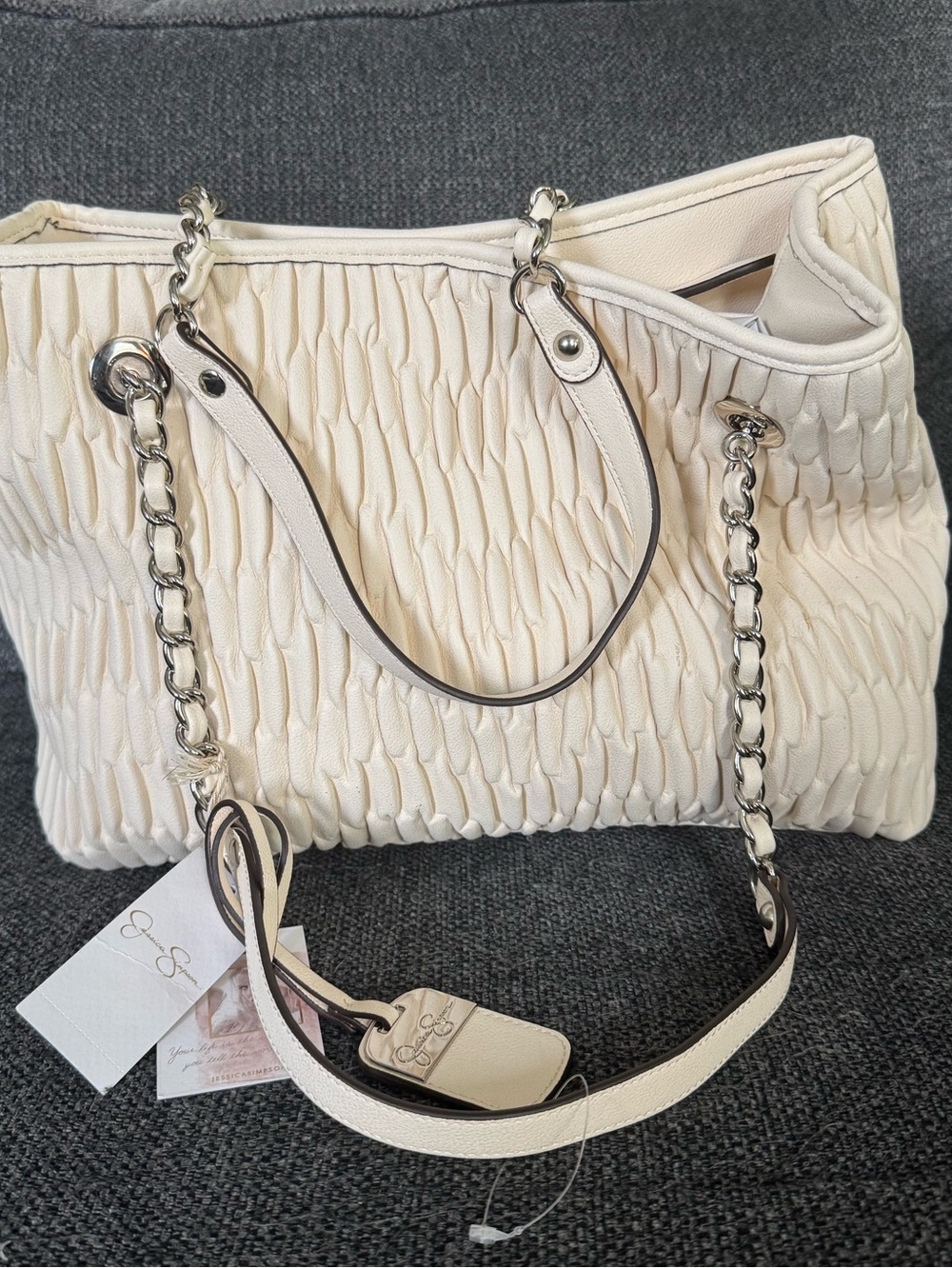 NWT Jessica Simpson Lrg Shoulder Bag Cream silverChain Strap Cheetah Lining